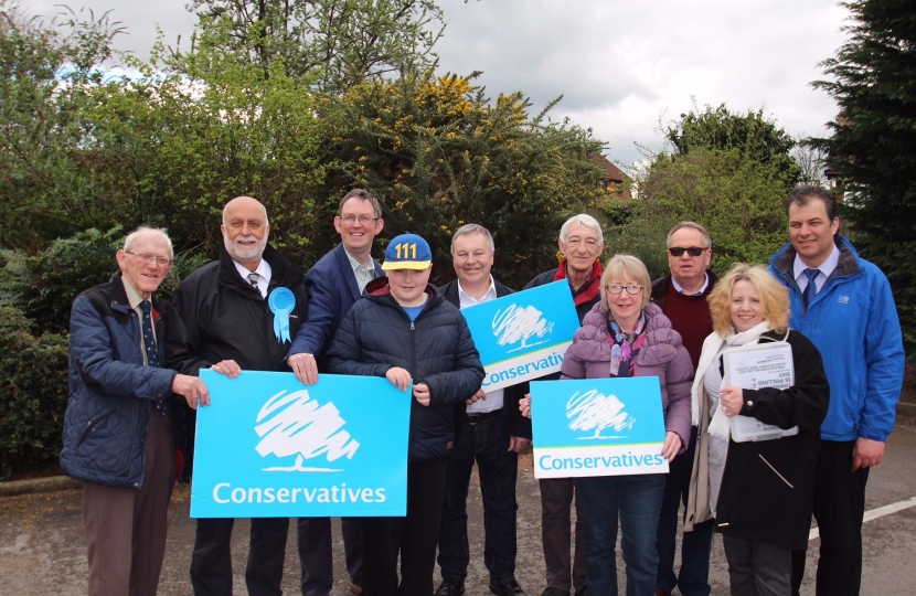 Cllr Robert Parkinson, Maggie Throup MP and others with Paul Maynard MP Under Sec. of State campaigning for hardworking candidate Gary Hickton in Petersham